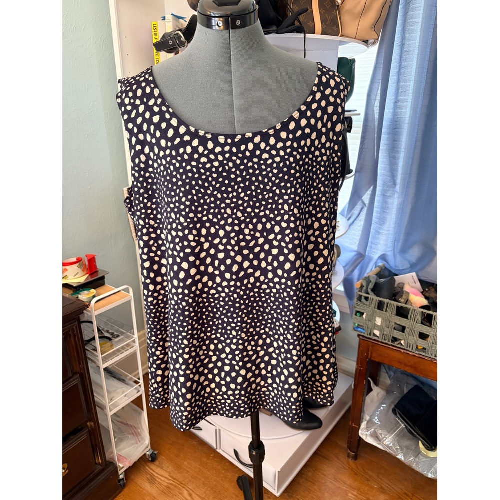 Ashley Stewart Blouse 22/24 Navy Blue Cream Animal Print Sleeveless Career Top